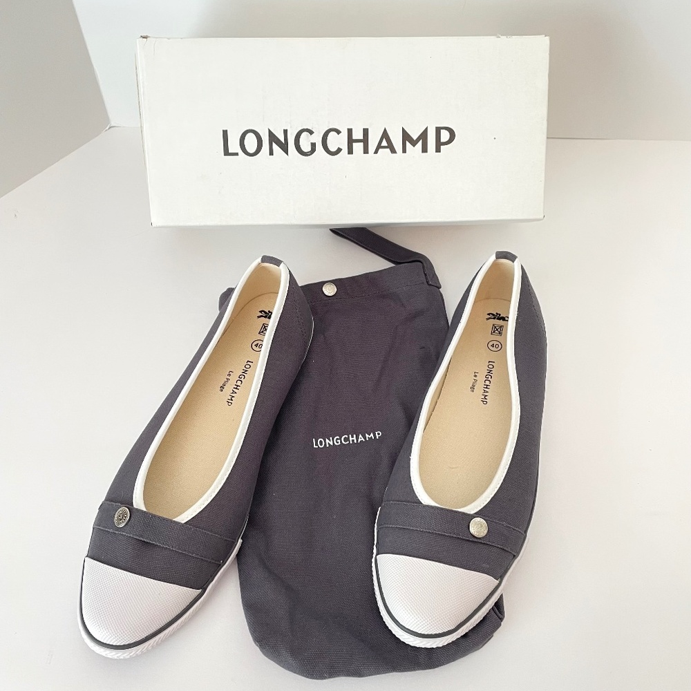 Longchamp Le Pliage Gunmetal Gray Canvas ballet flat sneakers 40 NEW
